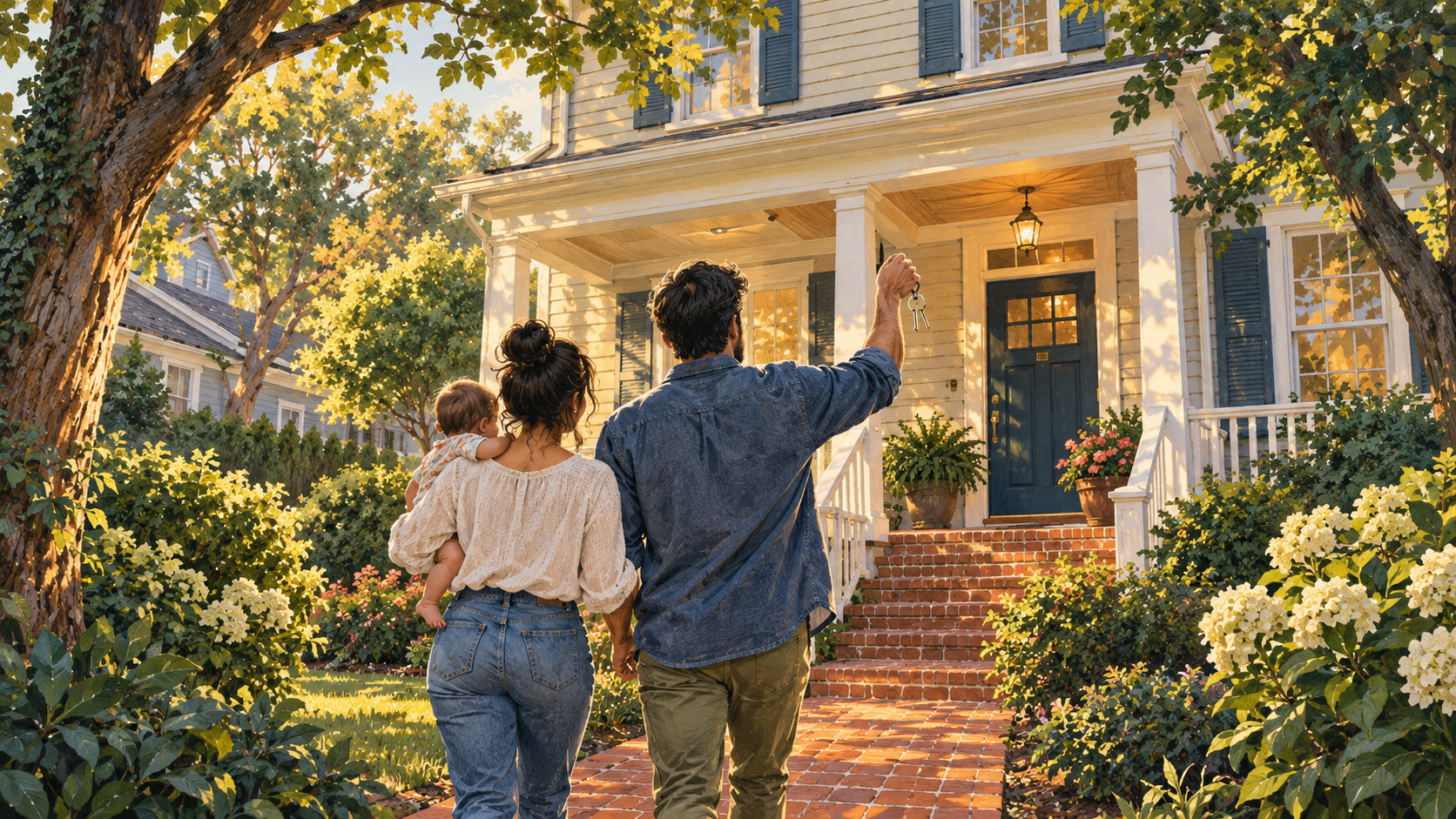 A young couple with their baby holds up the keys outside their first home.