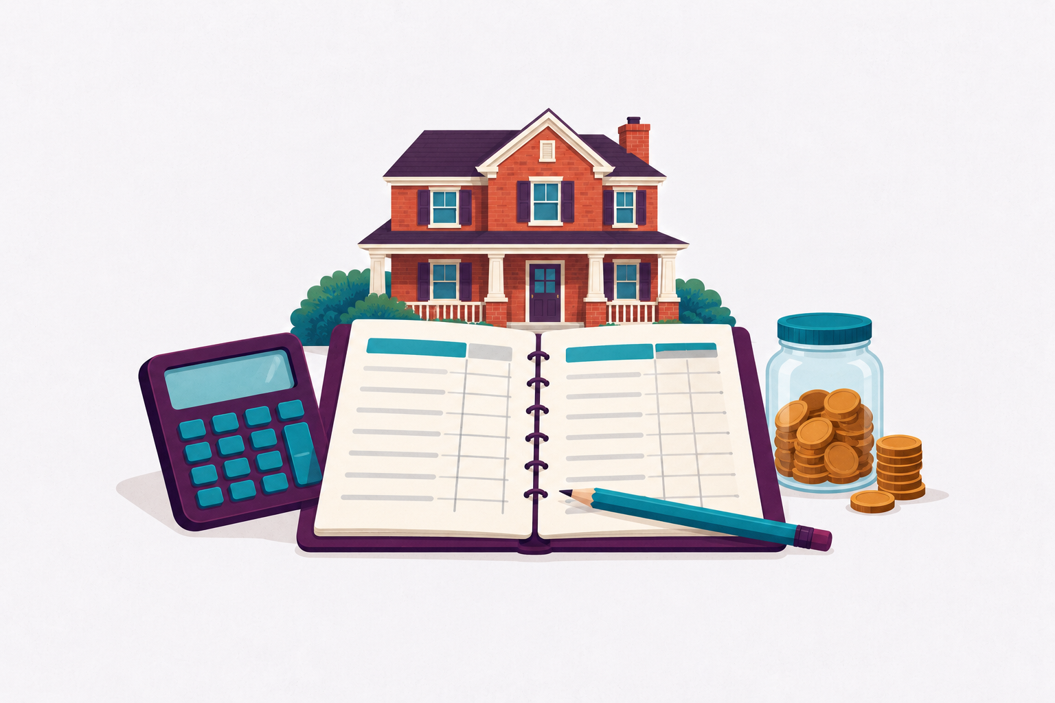 Illustration of an open budget worksheet, calculator, and jar of coins in front of a two-story brick house.