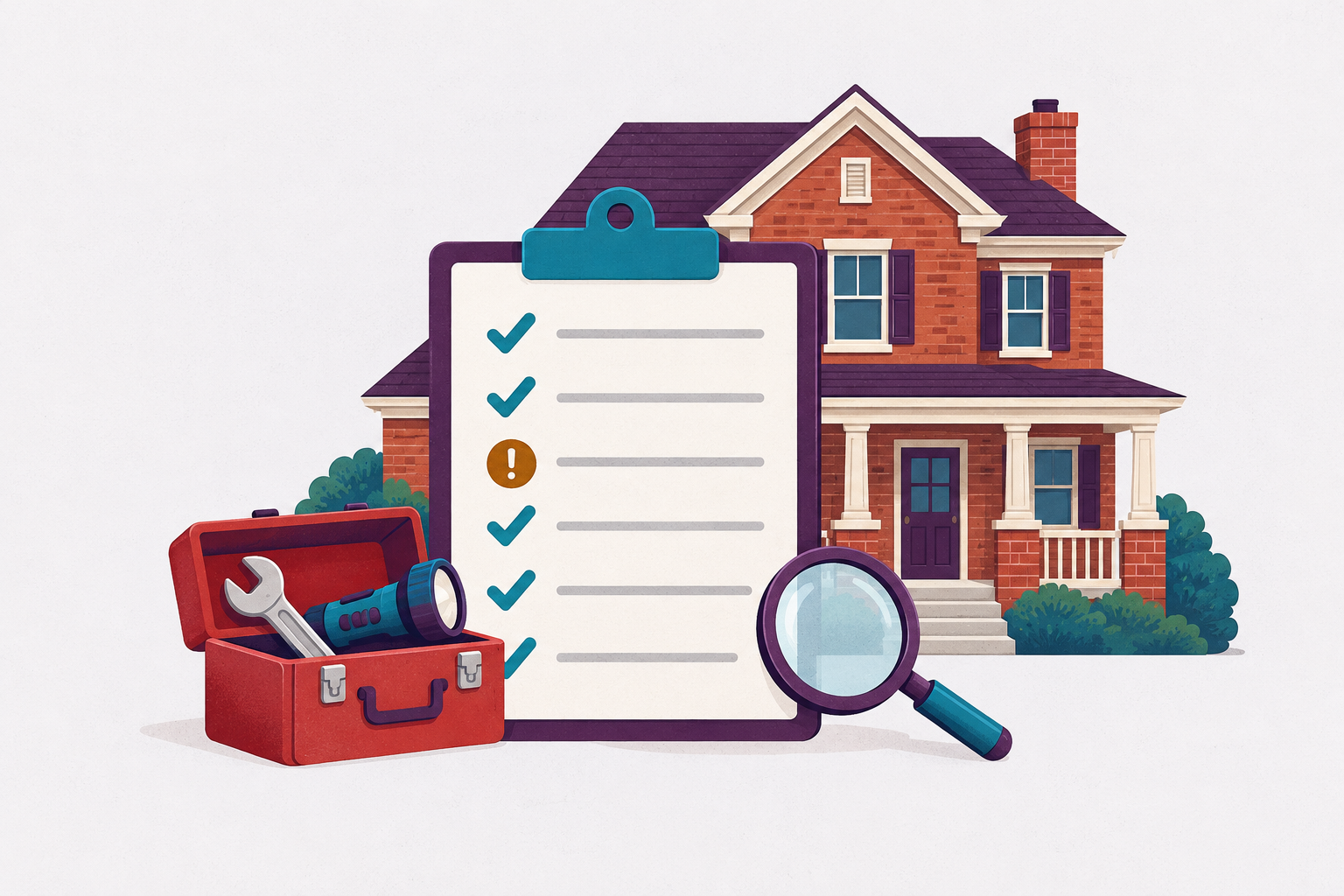 Illustration of an inspection checklist on a clipboard in front of a brick house, with most items checked and one flagged, beside an open toolbox.