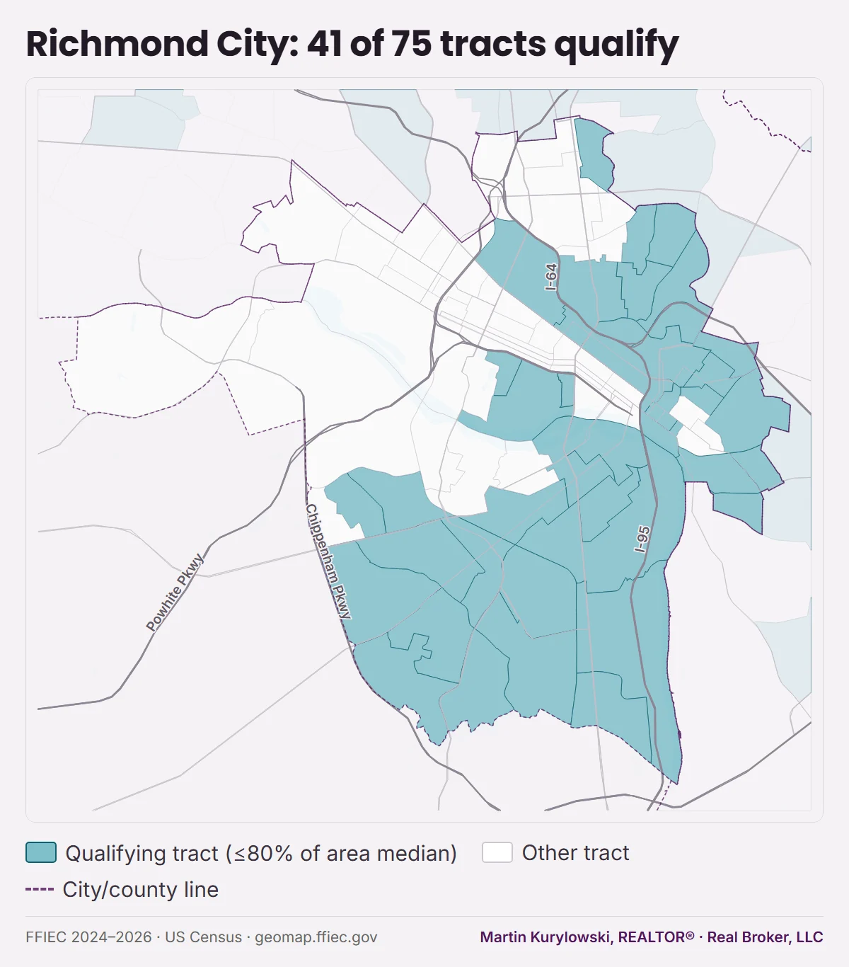 Map of Richmond City showing 41 of its 75 census tracts shaded as qualifying for NACA's location discount