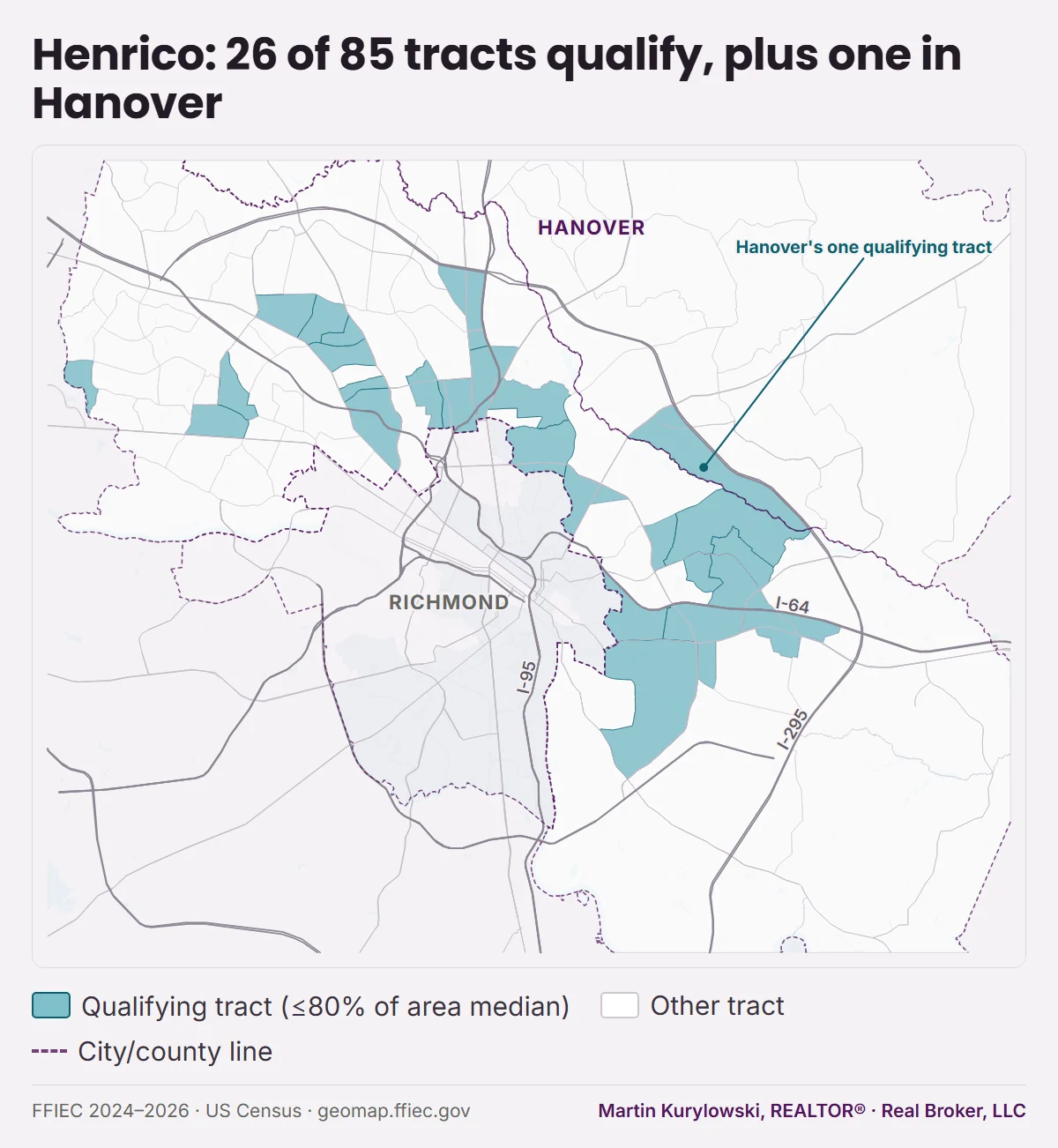 Map of Henrico County showing 26 qualifying census tracts, plus Hanover's single qualifying tract in Mechanicsville