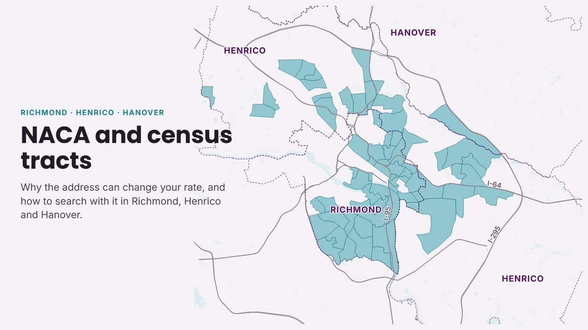 Map of Richmond, Henrico and Hanover with the census tracts where NACA's location discount applies shaded in teal