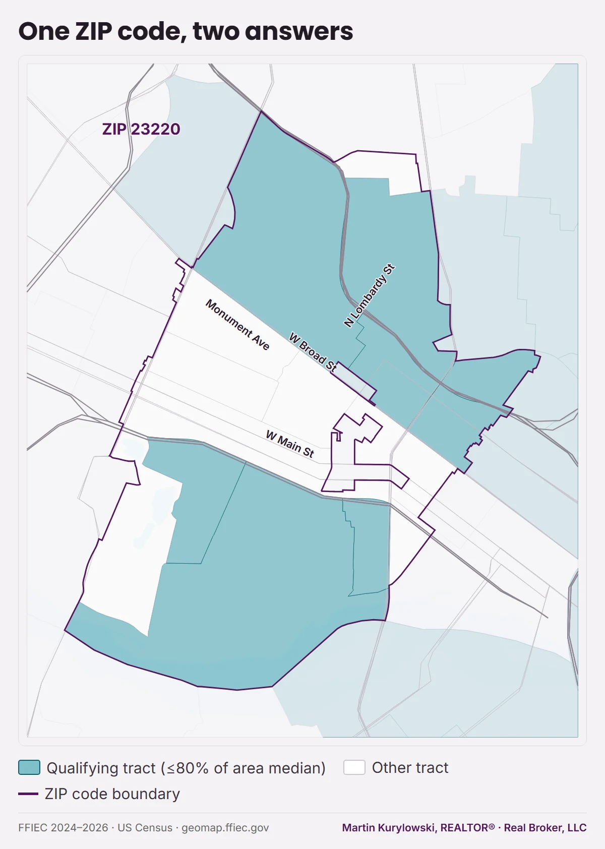 Map of ZIP code 23220 with about half its area in qualifying tracts and half outside