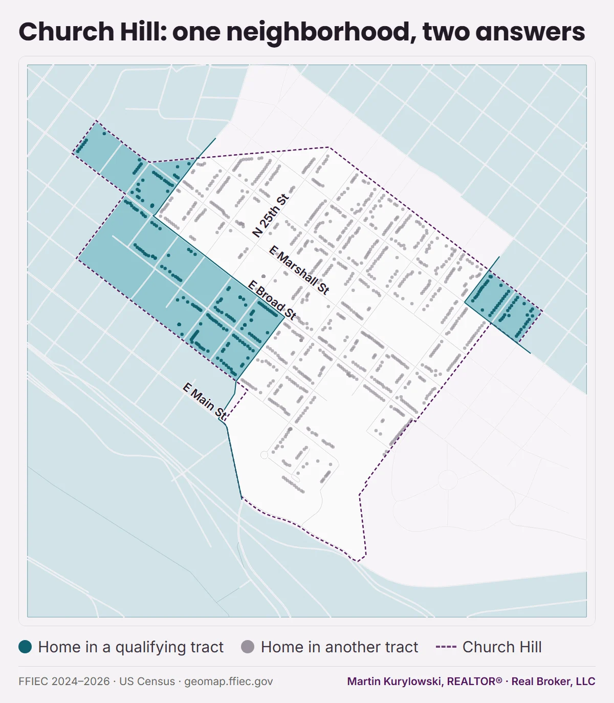 Map of Church Hill in Richmond with each residential parcel shown as a dot, teal where it is in a qualifying tract and gray where it isn't