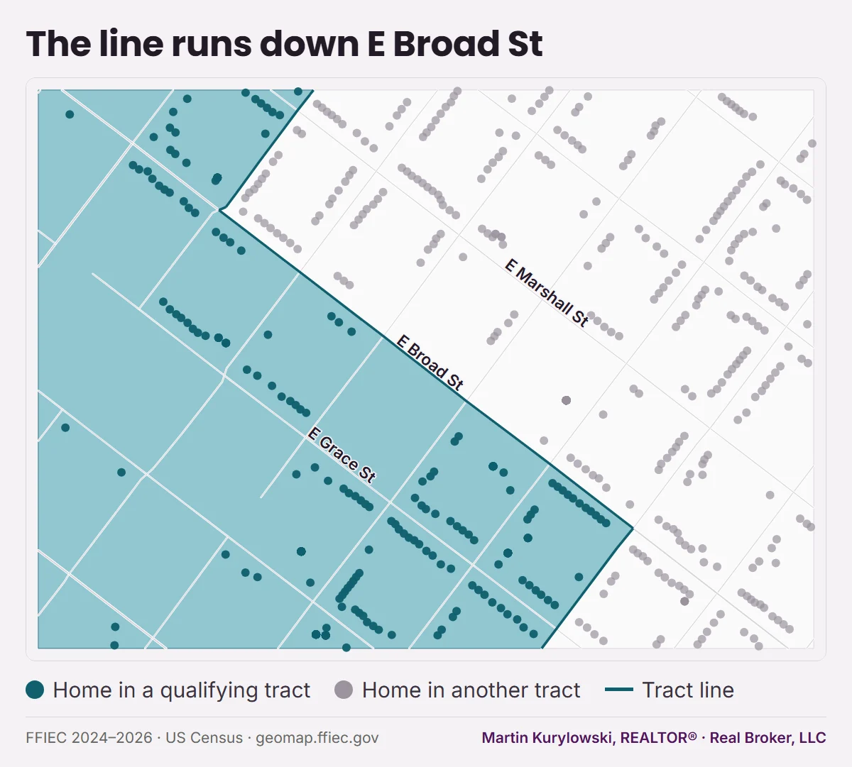Close-up of E Broad St in Church Hill: homes on one side of the street are in a qualifying tract, homes on the other side are not